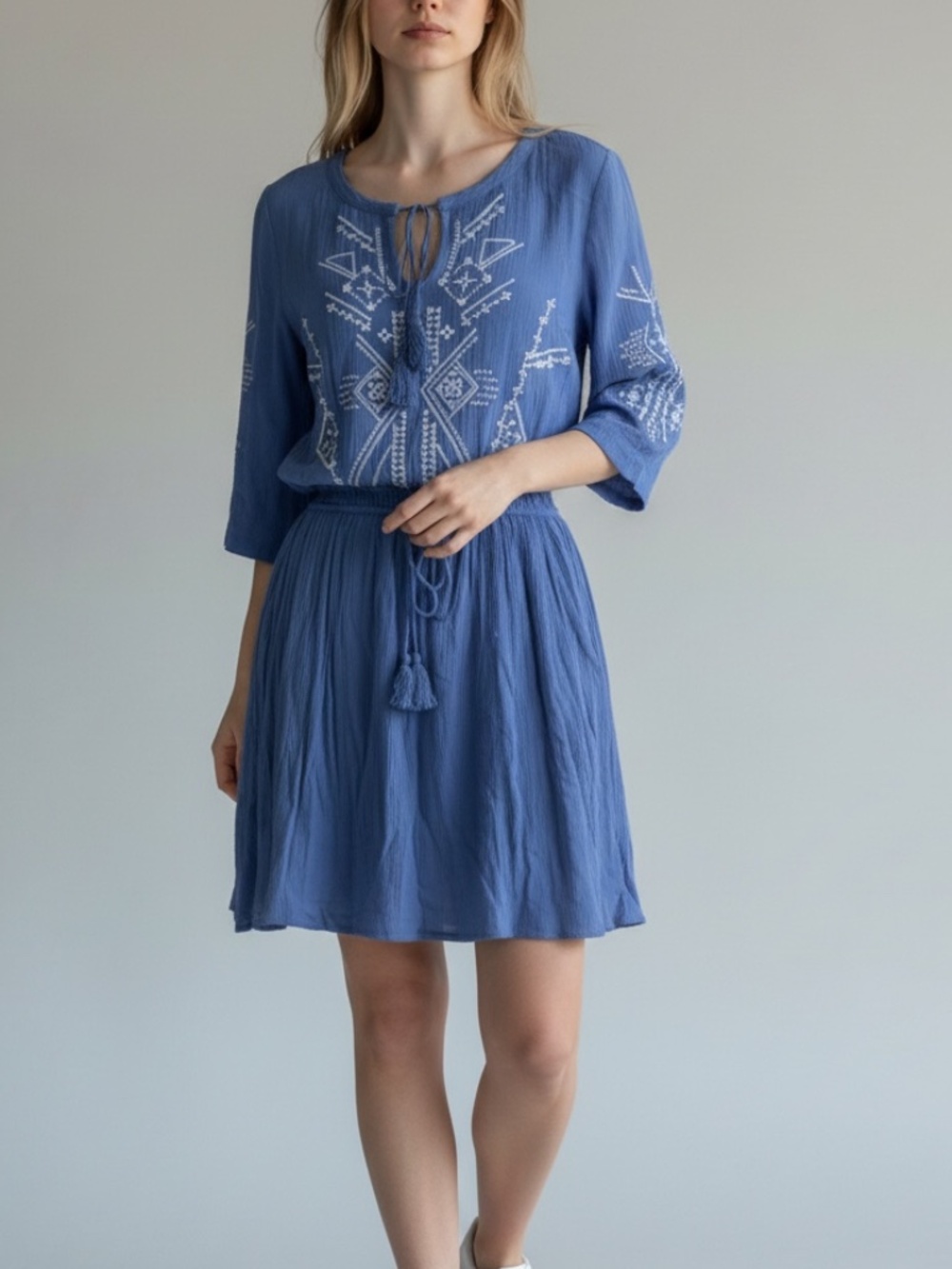Fashion on Earth Blue Embroidered Boho Mini Dress Size Medium
